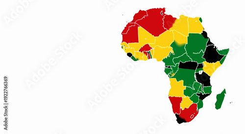 Geographic Africa map illustration, continent's outline on white background. Africa map shows countries in red, yellow, green, black Pan African hues. Conceptual Africa map for education, travel,
