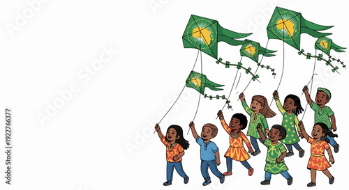 Diverse group children flying kites under bright sky, holding strings with enthusiasm. Happy children flying kites showcasing joy and freedom during outdoor playtime.