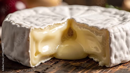 Delicious brie cheese on wooden board with melted center