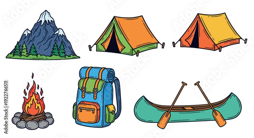 Discover the spirit of outdoor adventure with essential camping gear featuring majestic mountains, cozy tents, a glowing campfire, a sturdy backpack, and a ready canoe with paddles, perfect