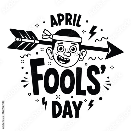 April Fools' Day Prank - Arrow through silly face, black and white illustration conveying playful mischief
