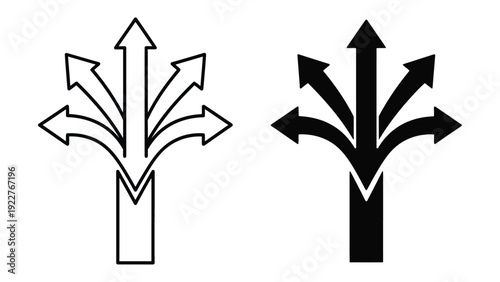 Collection of diverging line art and solid icons showing five separate arrows splitting from a central path