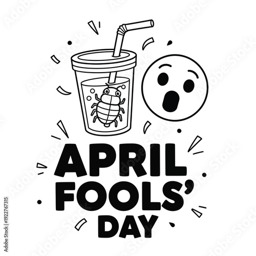 April Fools' Day Prank Illustration: Insect in Drink with Surprised Emoji and Confetti