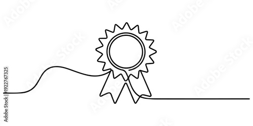 award badge continuous one line drawing, one continuous line art  award badge, award badge line drawing, medal with ribbon illustration, continuous line vector icon, continuous ribbon badge icon