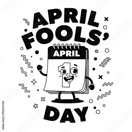 April Fools' Day Cartoon Calendar Character with Waving Hand and Confetti - Illustration