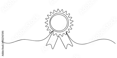 award badge continuous one line drawing, one continuous line art  award badge, award badge line drawing, medal with ribbon illustration, continuous line vector icon, continuous ribbon badge icon