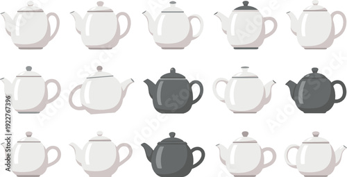 White ceramic teapot icon set flat vector collection of kitchen tea kettles and porcelain pots isolated on light background