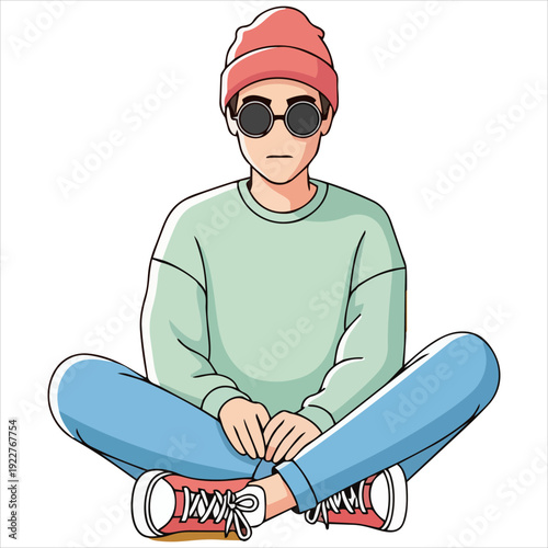 Illustration of a young boy walking with confidence and style wearing casual clothing and accessories on a transparent background from a side viewpoint