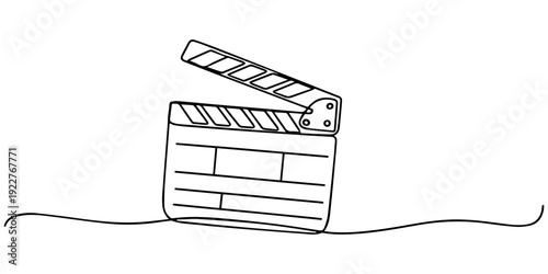 film clapper continuous one line drawing, One continuous line drawing of clapper board. Action movie scene and retro video production concept in simple linear style. Outline editable stroke. Doodle