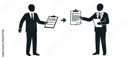 Professional business communication showing two individuals exchanging formal documents with an arrow, symbolizing a clear transaction, application, or approval process in a universally