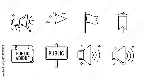 Collection of line icons featuring megaphones, various flags, and public signs for official announcements, communication, or marketing resources across digital and print media applications.