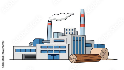Industrial manufacturing plant with large smokestacks emitting smoke and logs along with processed wood products symbolizing timber processing or paper production for educational or