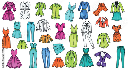 Colorful hand drawn womens clothing collection featuring various dresses, tops, skirts, pants, and jackets, perfect for fashion concepts, style guides, and apparel merchandising projects.