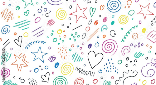 Colorful hand drawn abstract shapes create a vibrant and playful decorative background perfect for invitations posters packaging and youthful marketing materials