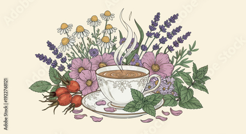 Steaming cup of herbal tea surrounded by a calming bouquet of chamomile lavender rosehip and mint flowers and leaves perfect for wellness and natural health concepts