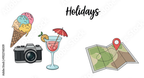 A collection of colorful handdrawn holiday essentials featuring delicious ice cream, a classic camera, a refreshing cocktail, and a detailed travel map perfect for summer vacation marketing