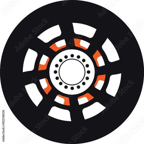 Black rubber wheel tire design. Wheel tires. Car tire tread tracks, Mini Van racing wheel mascot design. Tires road maintenance vector automobile. Auto Van wheel tyre. Vector illustration rim design