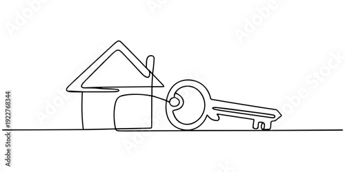 A clean and minimalistic continuous one line drawing of keys and house keychain, vector illustration, Continuous one line art drawing symbol of house keys, Simple key house outline drawing