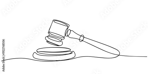 Continuous One Line Drawing of Judge Gavel and Sound Block, Law judge hammer continuous line illustration. Judge doodle sketch. Hand drawn vector one line icon, Judge hammer one continuous single line