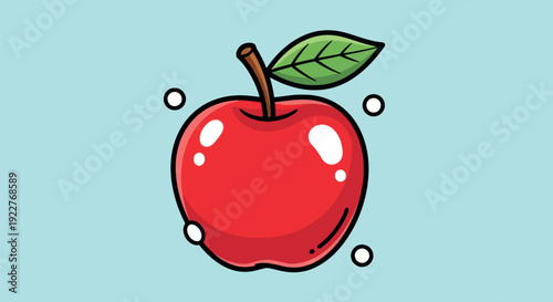 Glossy red apple with a natural brown stem and green leaf, accented by floating white circles, ideal for promoting healthy eating in educational or marketing contexts.