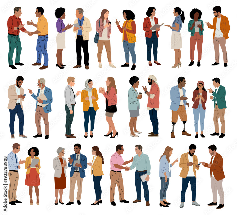 Fototapeta premium Bundle of diverse business people in casual, professional setting, showing inclusivity, different ages, ethnicities, accessibility. Flat vector illustration isolated on transparent background
