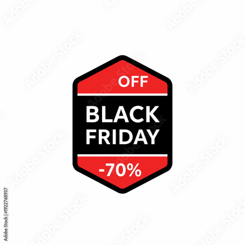 Black Friday sale badge with a discount of 70% off. The badge has a unique hexagonal shape and stands out with its vibrant color scheme