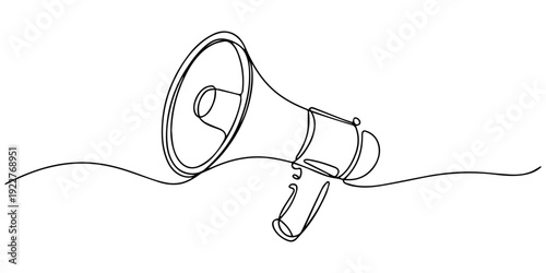 Black and white megaphone illustration with wave elements. No editable strokes, megaphone continuous one line drawing, Continuous one line art drawing of megaphone speaker for news and promotion.