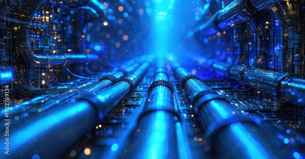Fototapeta premium Futuristic tunnel, glowing blue pipes, digital network. Complex circuitry creates intense light, depth perception. Immersive, hightech environment.
