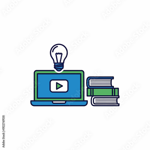 A laptop with a play button on the screen and a light bulb, alongside stacked books, symbolizing education, online learning, and innovative ideas