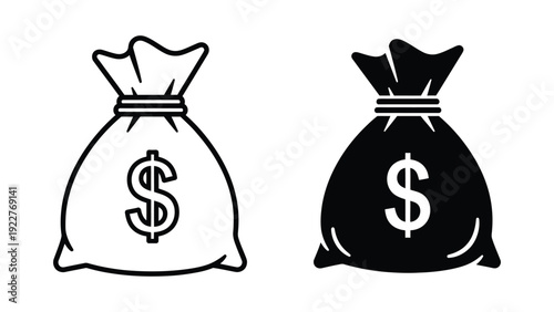 Money bag icons set featuring outline and filled glyph styles symbolizing wealth and financial savings concepts