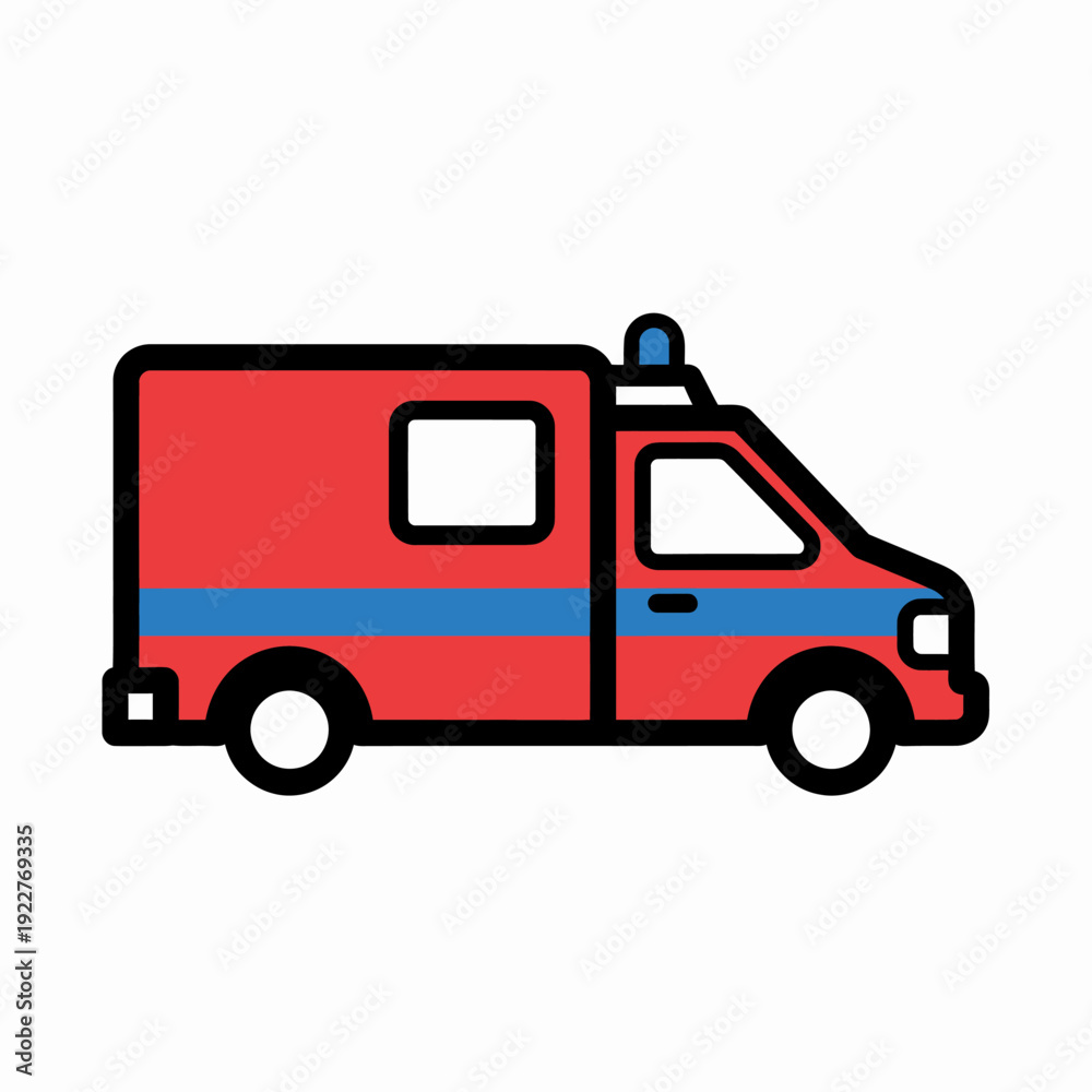 Fototapeta premium An illustration of a red ambulance with blue stripes and a flashing blue light on top, ready to respond to emergencies.