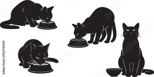 Four black cats enjoying their meals from separate bowls on the floor