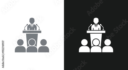 Public Speaking Icon in Minimalist Design with Simple Shapes and Monochromatic Color Scheme on White and Black Backgrounds for Infographics