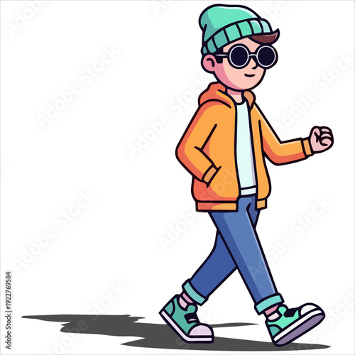 Illustration of a young boy walking with confidence and style wearing casual clothing and accessories on a transparent background from a side viewpoint