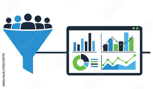 Customer lead generation funnel filtering target audience into analytical business dashboard for marketing optimization and demographic data analysis on computer