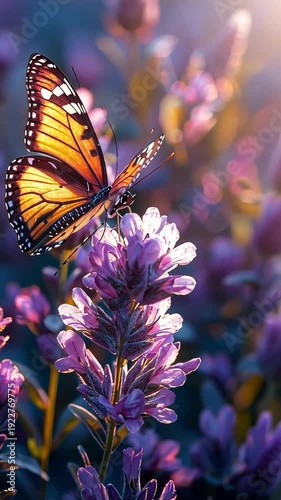 Butterfly resting on purple flowers in a garden during sunset
