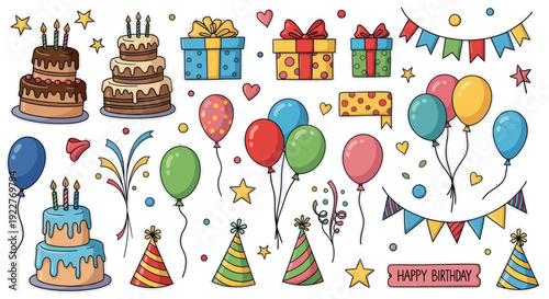 Cheerful collection of colorful birthday celebration items including tiered cakes with candles, gift boxes, festive balloons, party hats, and a Happy Birthday banner for holiday party event