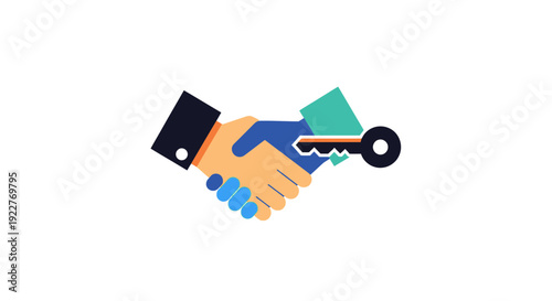 Business partnership handshake with key.