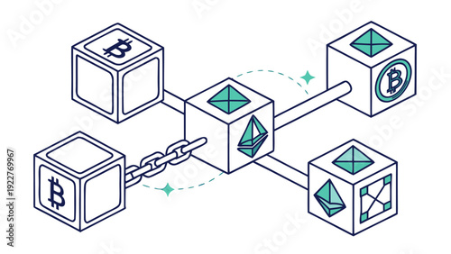 Blockchain network with cryptocurrency symbols in minimalist line art style with blue and green color scheme on white background for fintech illustration