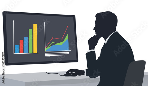 Man working on computer analyzing business growth chart data, thoughtful expression, dark silhouette