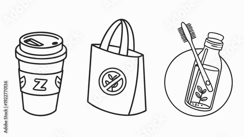 Single-use plastic items with no plastic symbol in line art style on white background for eco-friendly campaign