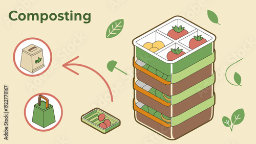Composting Process in Layered Compost Bin with Organic Waste and Vegetables in Eco-Friendly Illustration for Environmental Conservation