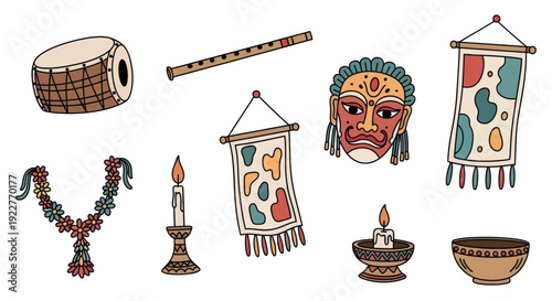 Cultural items drum, flute, ornate mask, colorful garlands, burning candles, and fabric wall hangings, for global celebration themes and educational heritage content.