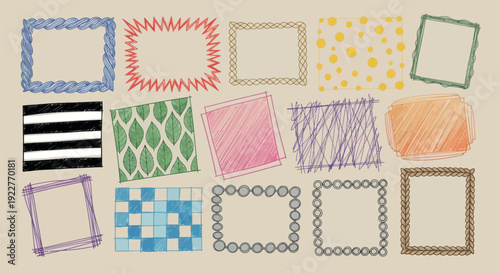 A versatile collection of various handdrawn frames and textured squares, perfect for enhancing documents, scrapbooks, or digital media projects
