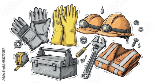 Essential construction worker safety gear and building tools like hard hats, gloves, and a wrench for industrial projects and home improvement applications