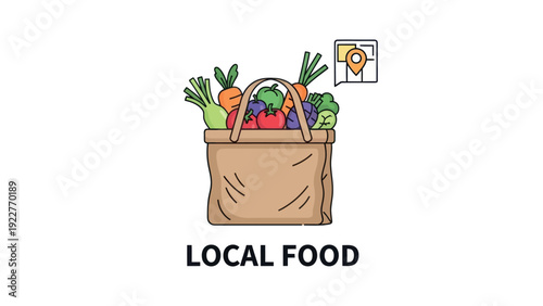 Freshly harvested colorful vegetables and leafy greens in a brown shopping bag with a map location pin, representing local food sourcing and healthy eating promotions