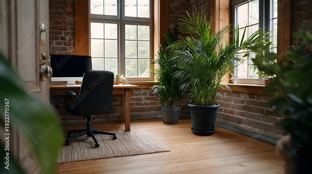 Fototapeta premium A modern home office with lush plants and rustic brick walls bathed in natural light