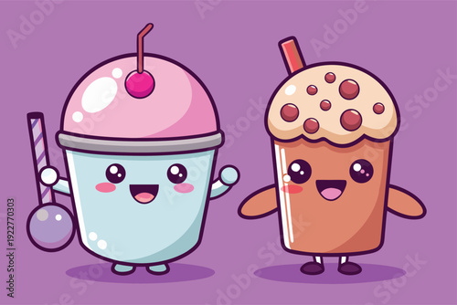 Cute cartoon milkshake characters with smiling faces and straws