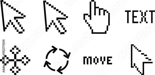 Set of black pixel art computer mouse cursors and interface icons including arrow hand pointer text select move and refresh symbols isolated on white background