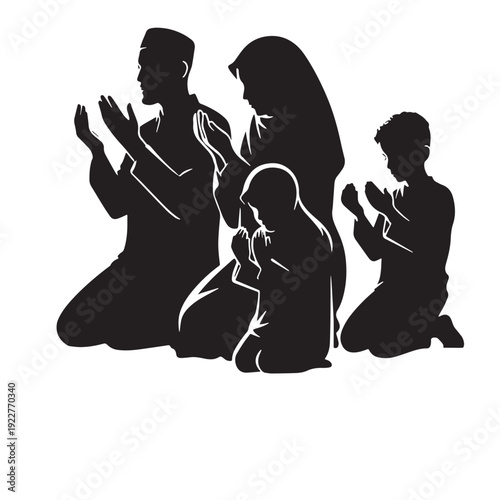Black Muslim family prayer together Silhouette Vector, High Quality Illustration on White Background